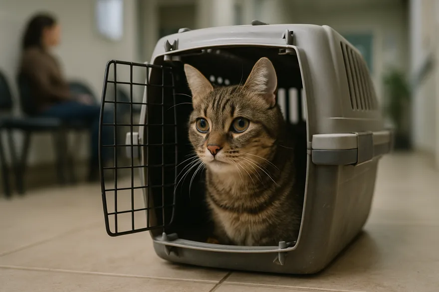 A cat looking out from an open pet carrier in a clinic waiting area