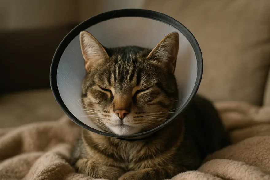 A calm cat wearing a recovery cone resting on a soft blanket at home