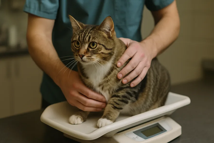 A cat being weighed on a small veterinary scale, technician's hands steadying it