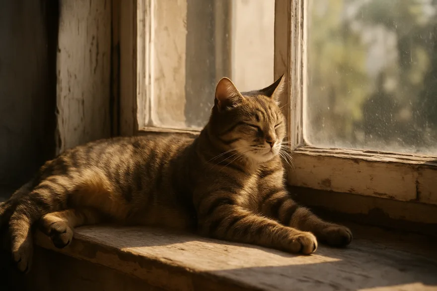 A tabby cat sunbathing on a windowsill, soft morning light