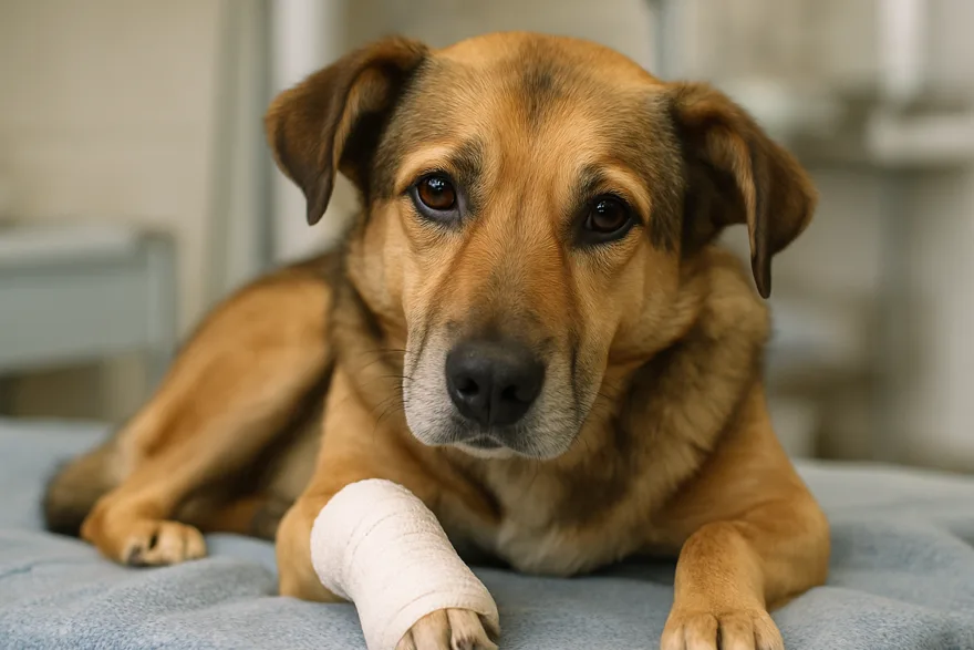 A dog with a neatly bandaged front paw lying on a clinic blanket, gentle expression