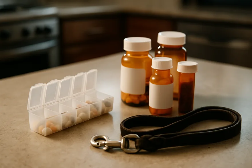 A pill organizer and medicine bottles beside a dog leash on a kitchen counter