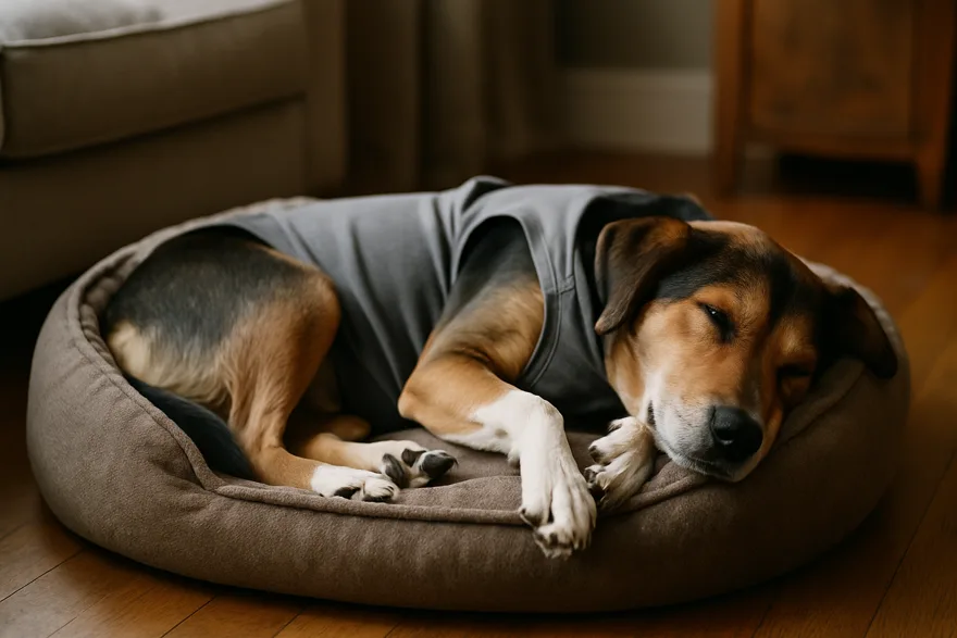 A dog in a soft recovery vest sleeping peacefully in a home dog bed
