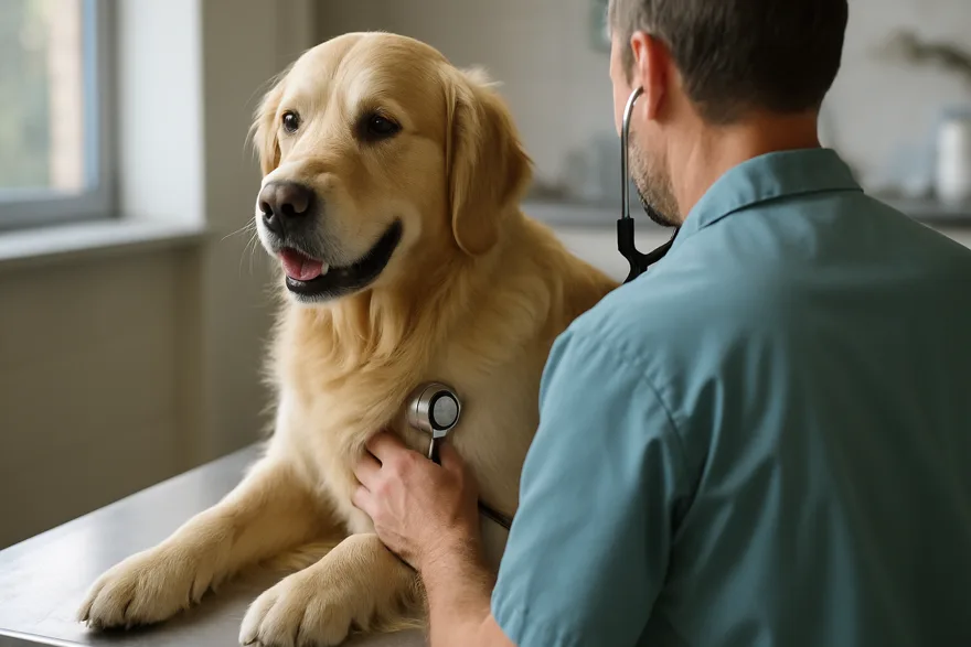 A golden retriever on a veterinary exam table, a vet's hands with stethoscope on its chest, vet seen from behind