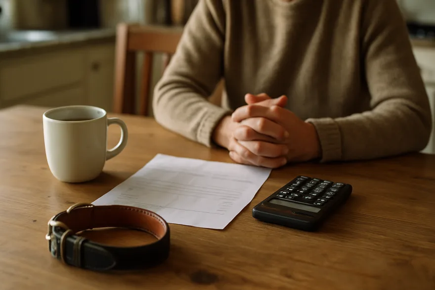 A kitchen table with a paper bill, calculator and a dog collar beside a coffee mug, hands from behind