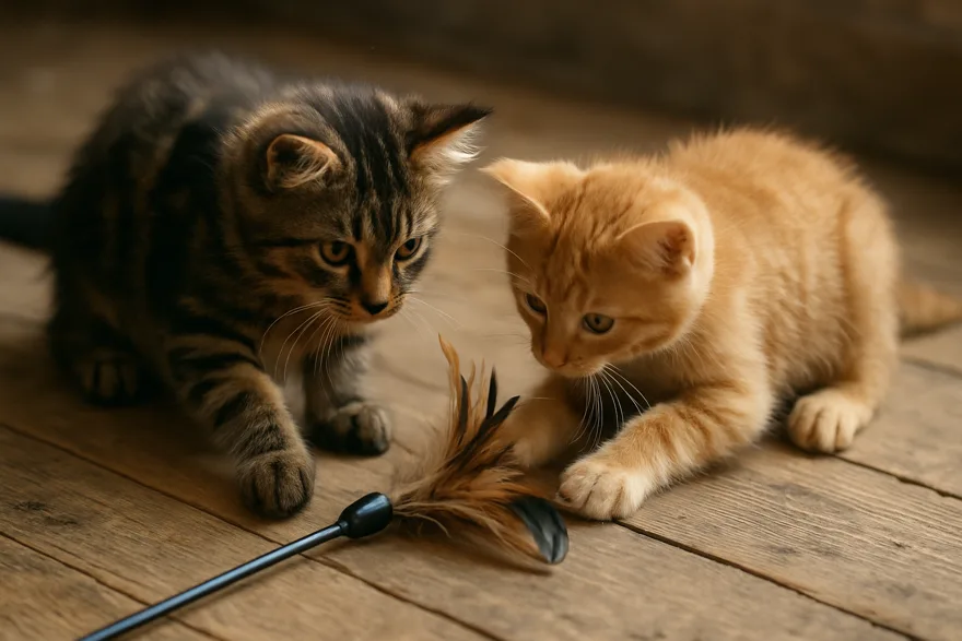 Two kittens playing with a feather toy on a wooden floor