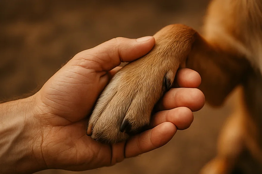 A human hand gently holding a dog's paw, close-up, warm tones