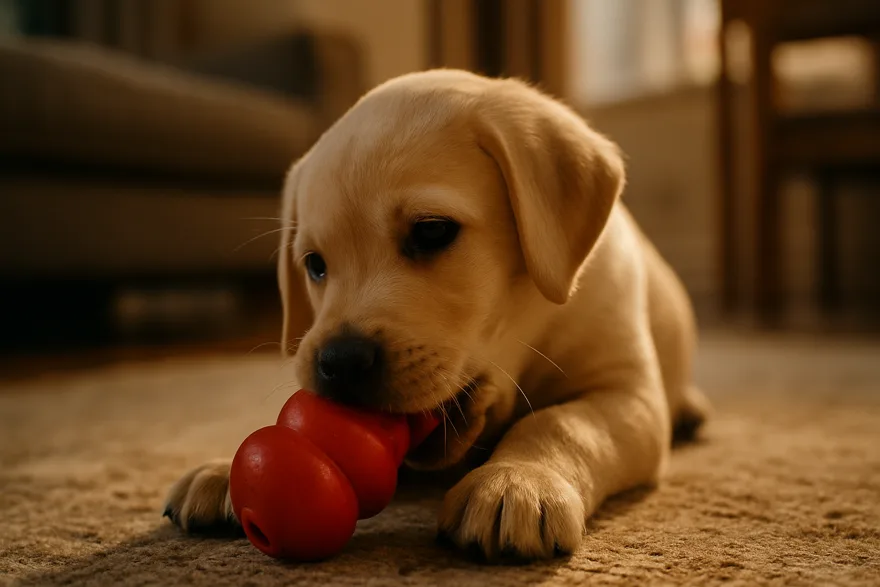 A labrador puppy chewing a rubber toy on a living room rug, warm light
