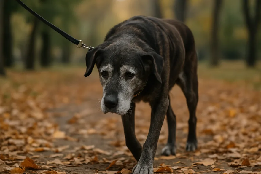An older grey-muzzled dog walking slowly on a leash in a park, autumn leaves