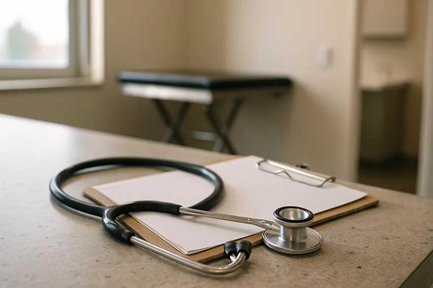 A stethoscope and clipboard on a veterinary clinic counter, exam room softly blurred behind
