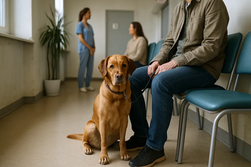 A veterinary clinic waiting area with a dog sitting beside its owner's legs, faces not visible