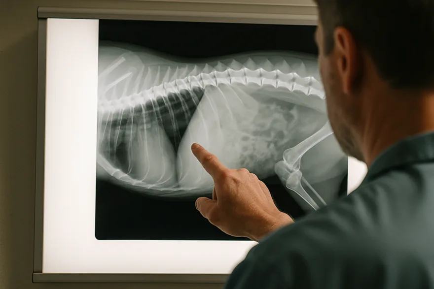 A veterinarian's hand pointing at an animal x-ray on a lightbox, viewed from behind
